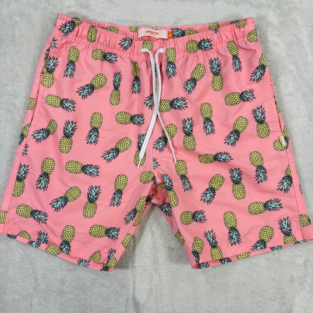 Ambsn Mens M Pink Pineapple Swim Trunks Board Shorts Tropical 6"